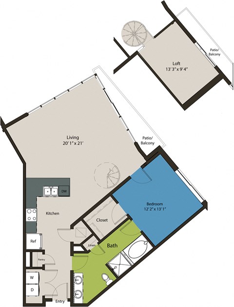 Floor plan for 1 bed, 1 bath, 1195 sqft